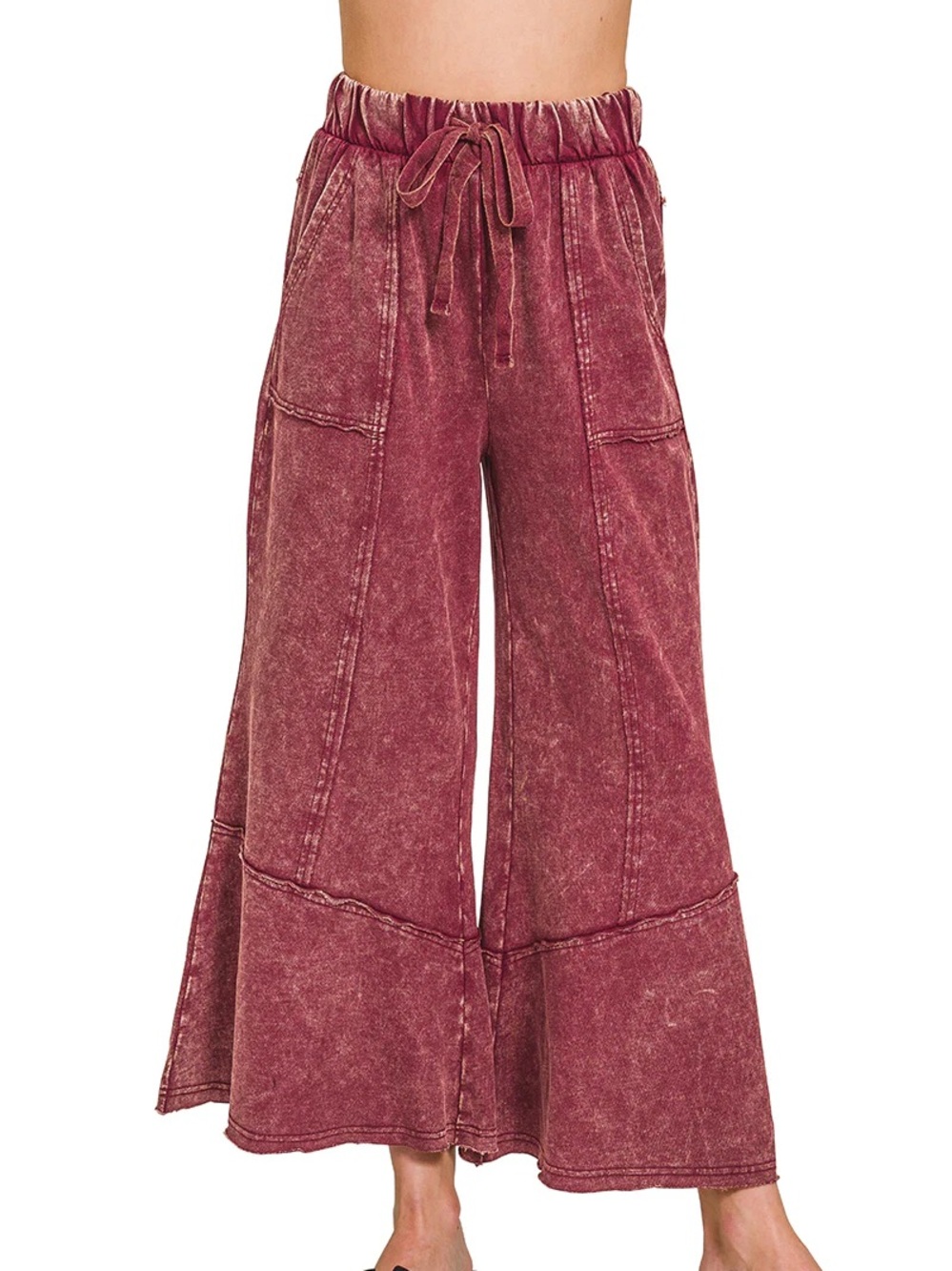 EUC🤎Zenana French Terry Wide Leg Flare Pant Small Cabernet - Picture 2 of 8